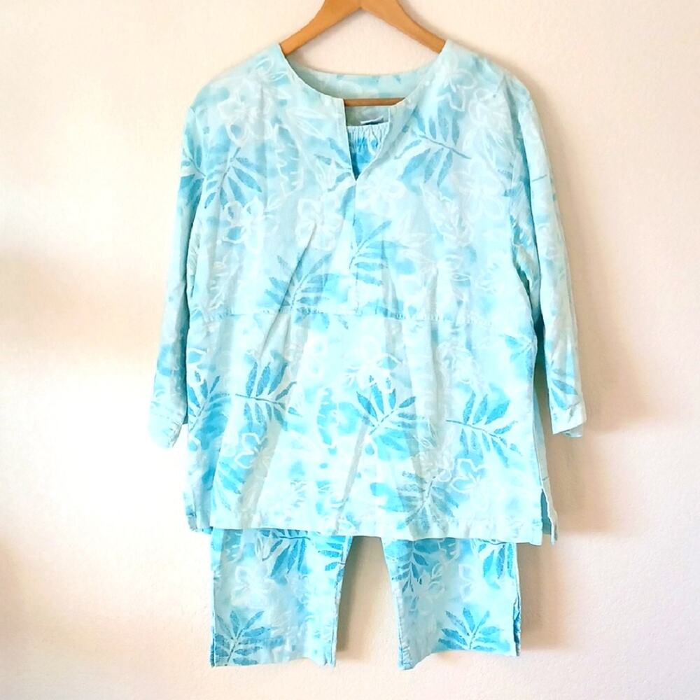Vintage 90s WEK Woman Cotton Lounge Set Blue Hawaiian Print